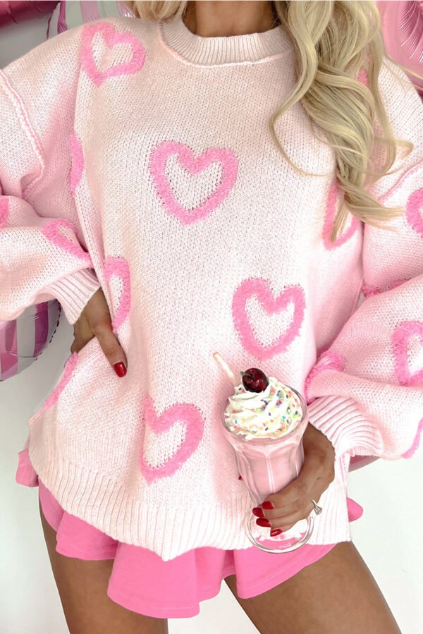 Pink Heart Shape Bubble Sleeve Baggy Sweater