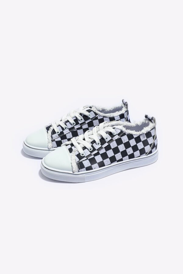 Black Checkered Print Raw Edge Lace-up Canvas Shoes