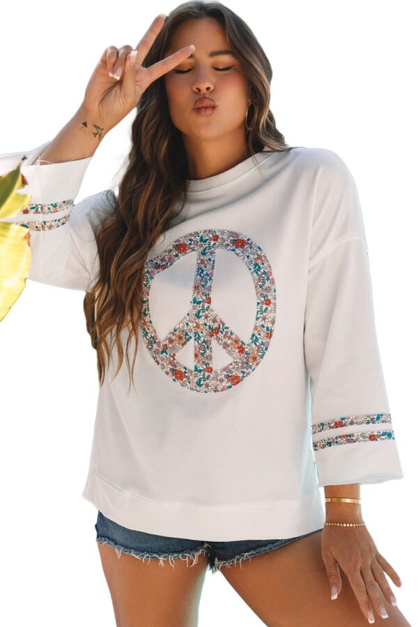 Jet Stream Floral Peace Sign Graphic Drop Shoulder Wide Sleeve Casual Top