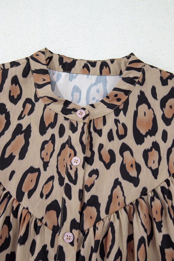 Light French Beige Oversized Leopard Print Balloon Sleeve Casual Shirt