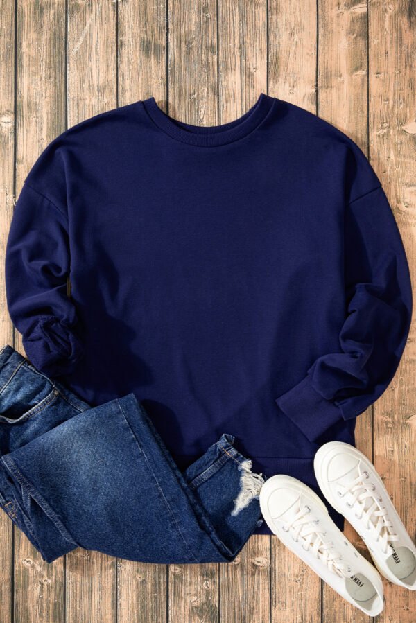 Navy Blue Solid O Neck High Low Hem Pullover Sweatshirt