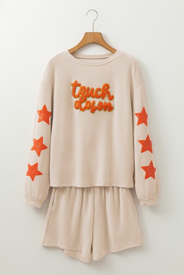 Parchment Touch Down Patched Pattern Sequined Star Long Sleeve Top Corded Shorts Set