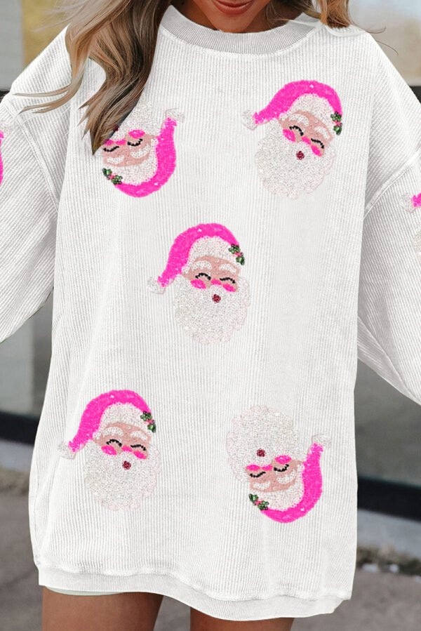 White Sequin Father Christmas Ribbed Oversized Graphic Sweatshirt