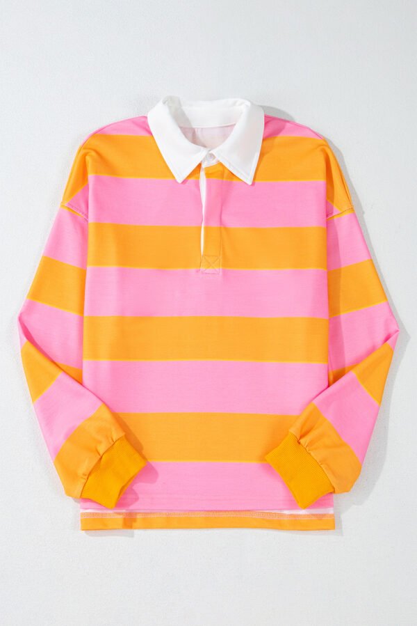 Yellow Stripe Color Block Polo Collar Sweatshirt