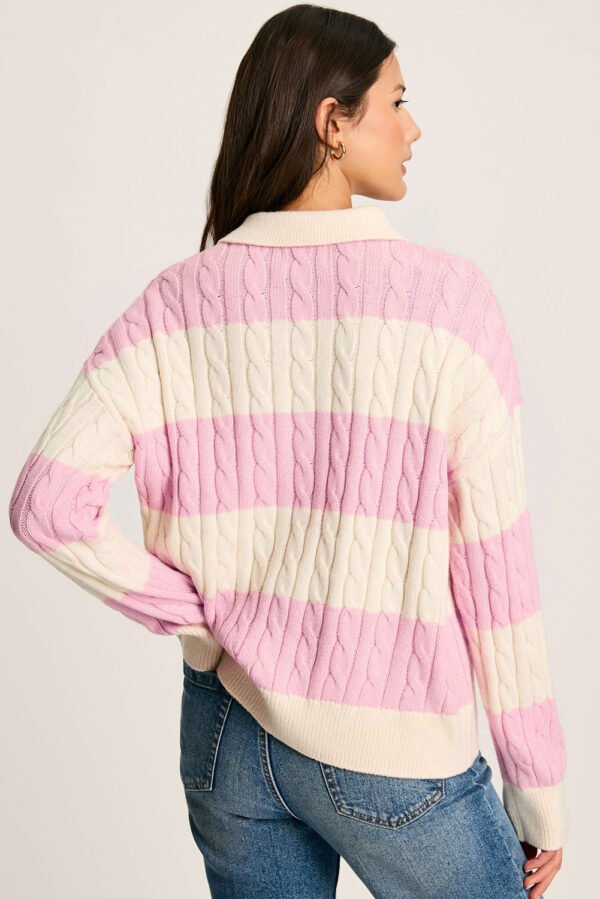 Pink Stripe Cable Knit Collared Henley Sweater