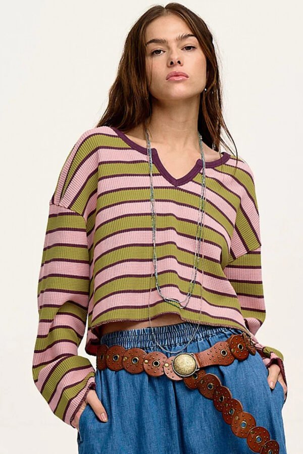 Spinach Green Clashing Stripes Waffle Texture Notched Neck Long Sleeve Top