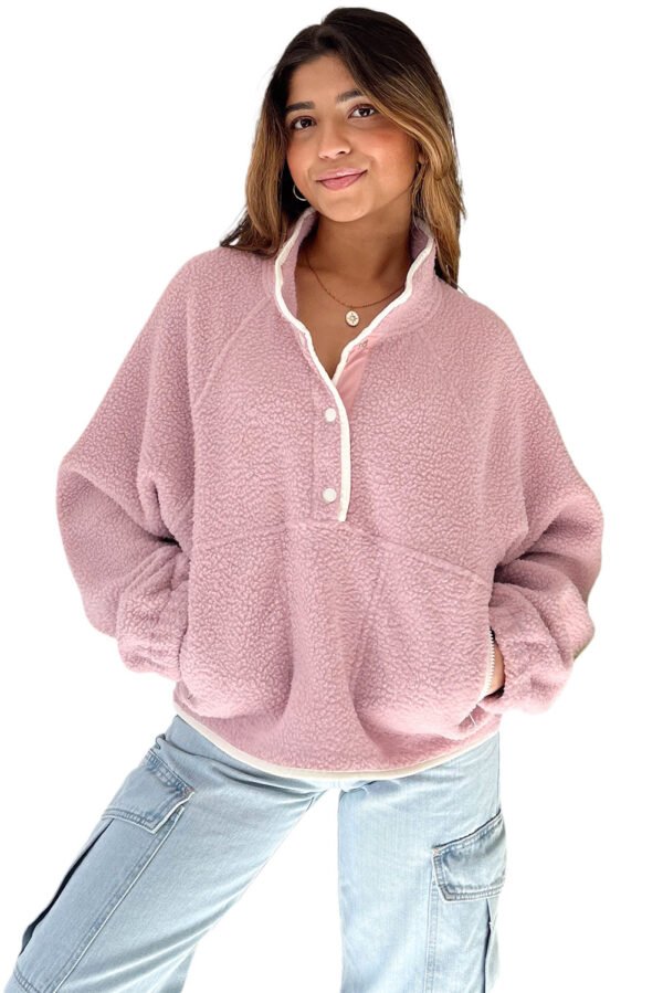 Fushia Stand Neck Half Button Zip Pocket Plush Sweatshirt