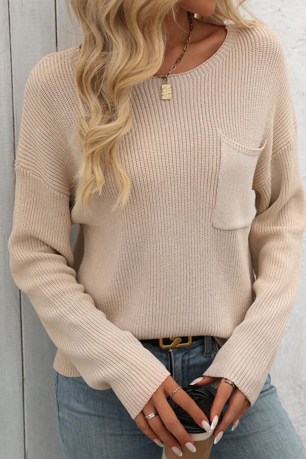 Apricot Solid Color Drop Shoulder Chest Pocket Sweater