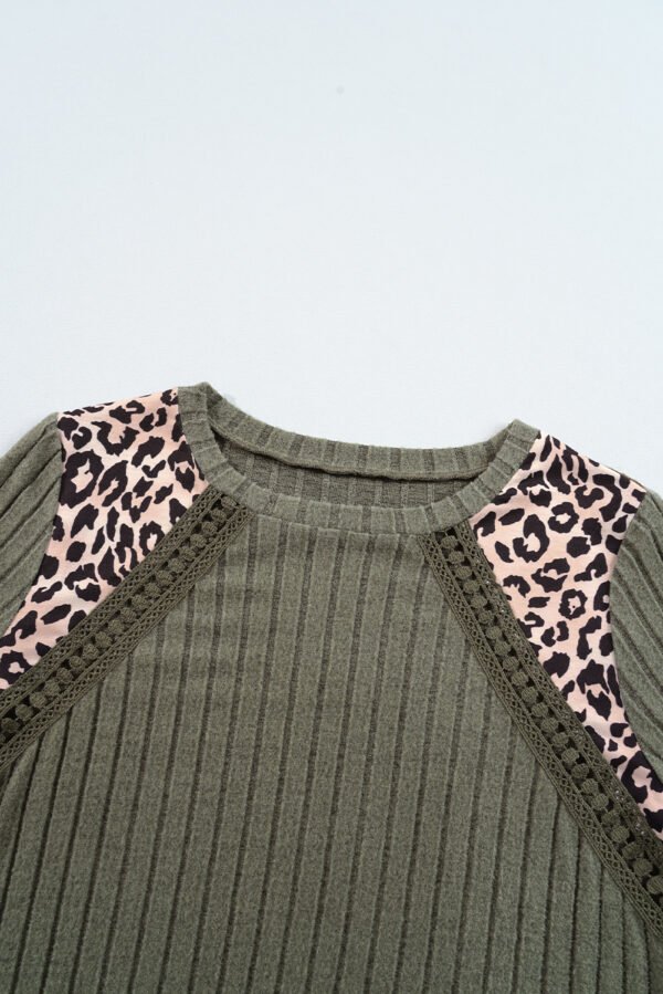 Moss Green Leopard Print Crochet Patchwork Rib Textured Knit Top