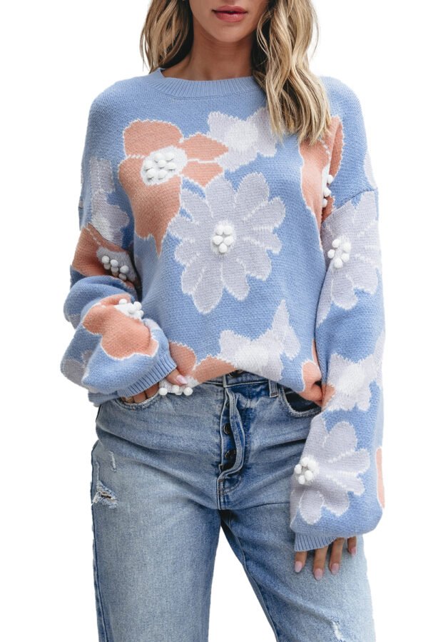 Beau Blue Floral O Neck Drop Shoulder Knitted Sweater