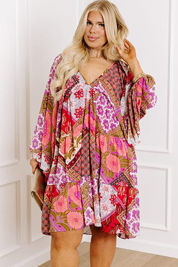 Rose Mixed Floral Long Sleeve V Neck Lace-up Hollowed Back Plus Size Dress