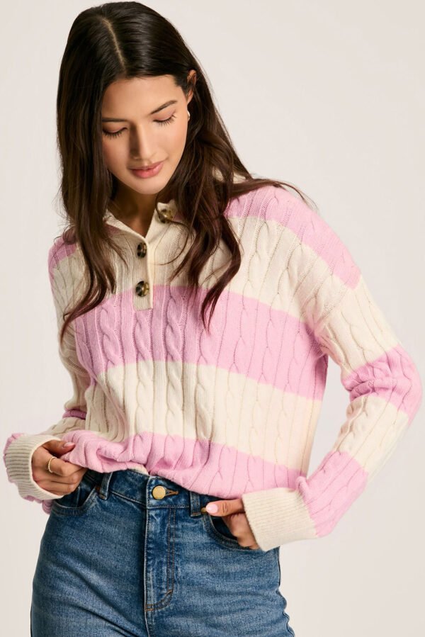 Pink Stripe Cable Knit Collared Henley Sweater