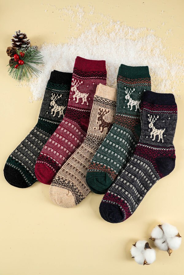 Blackish Green 5 Pairs/Set Christmas Reindeer Soft Crew Socks