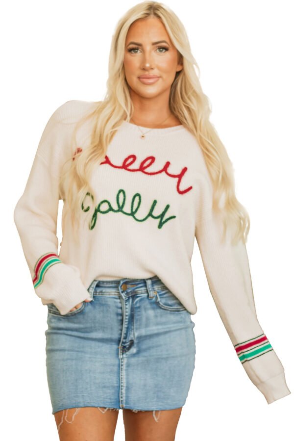 Beige Tinsel Holly Jolly Graphic Classic Sweater