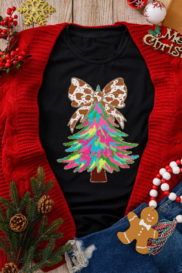 Black Heat Transfer Printing Christmas Tree Bowknot T-Shirt