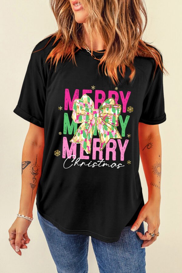 Black Merry Christmas Brushwork Bow Printed T Shirt