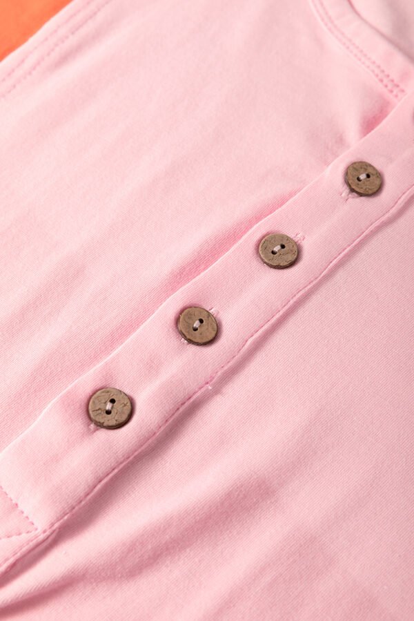 Pink Colorblock Long Sleeve Buttons Henley Top