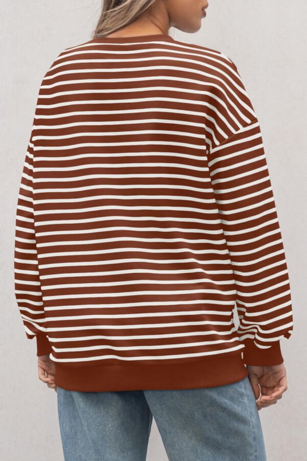 Coffee Striped Long Sleeve Round Neck Loose Top