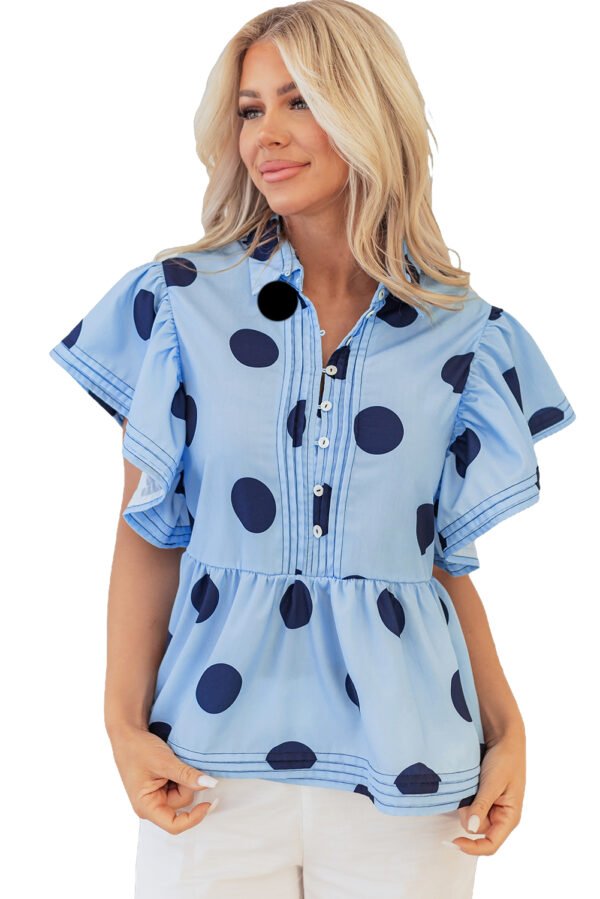 Sky Blue Polka Dot Print Ruffled Short Sleeve Buttoned Collared Blouse