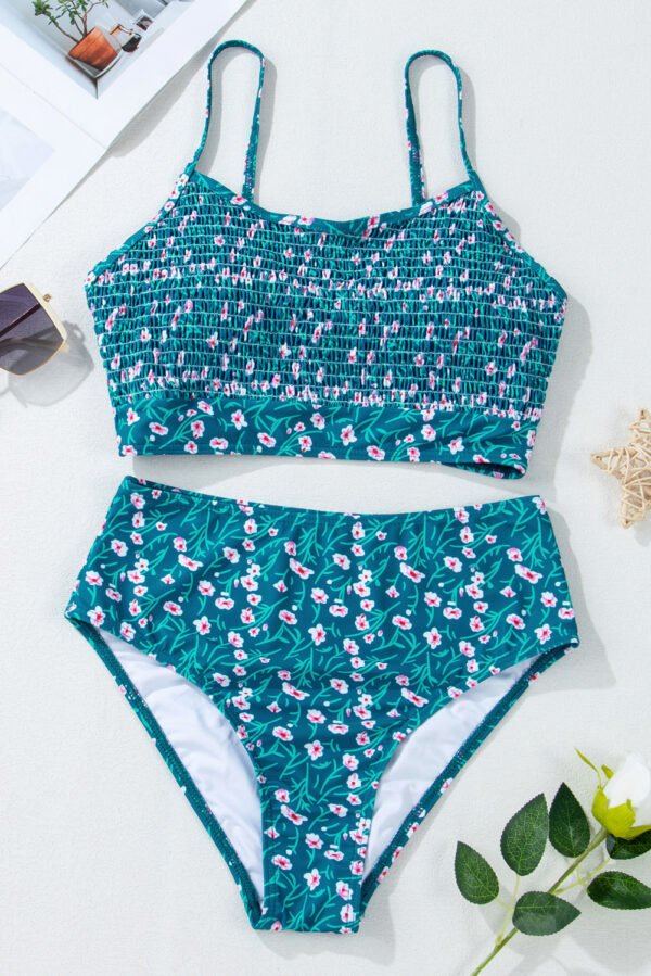 Blue Floral Print Smocked Cute Bikini Set