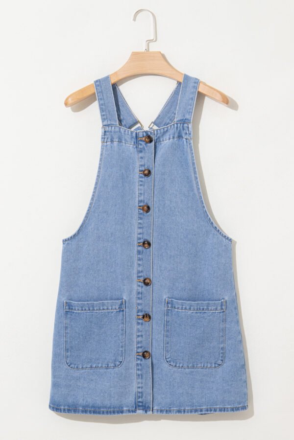 Beau Blue Wide Strap Button Front Pocketed Denim Mini Dress