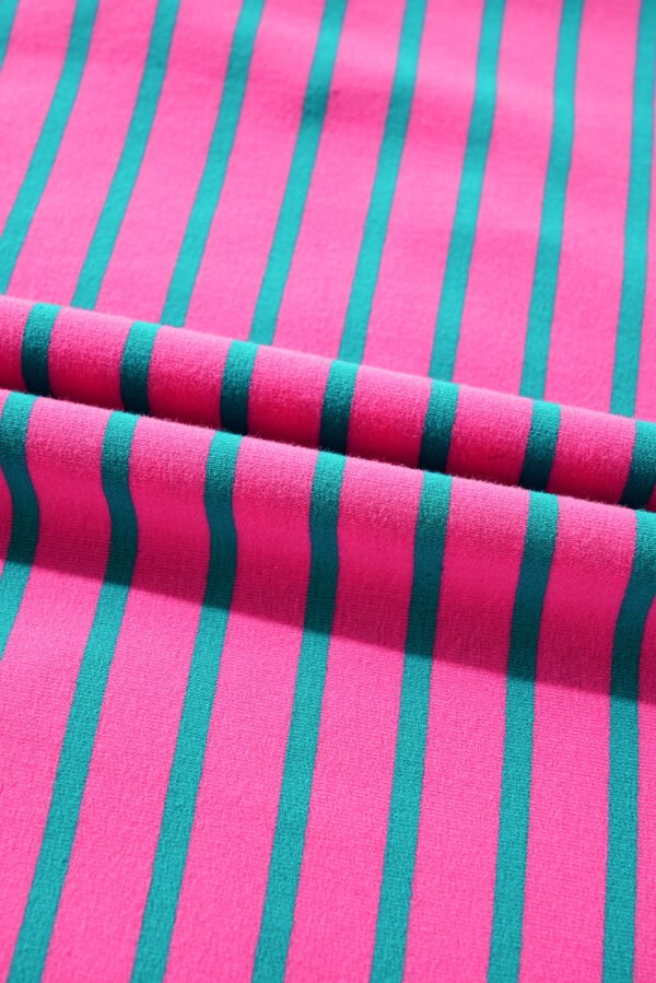 Pink Stripe Collared V Neck Puff Sleeve T Shirt Dress