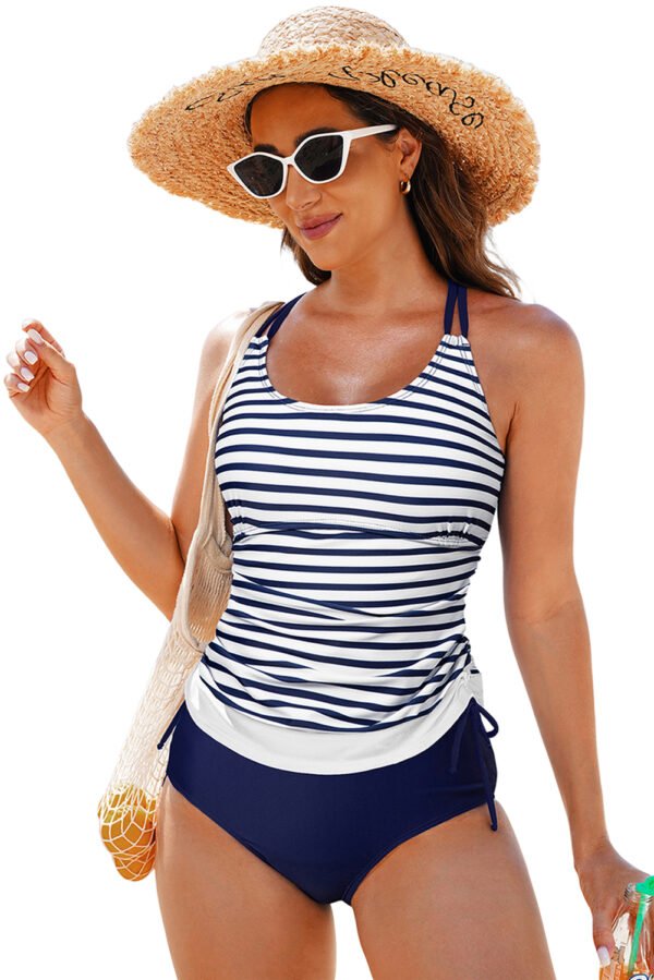 Blue Stripe Drawstring Tummy Control Mix-and-match 2pcs Tankini Swimsuit