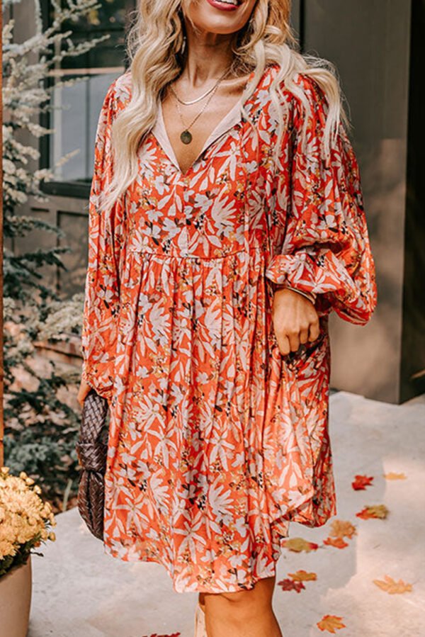 Orange Floral Print Split V Neck Bubble Sleeve Plus Size Midi Dress