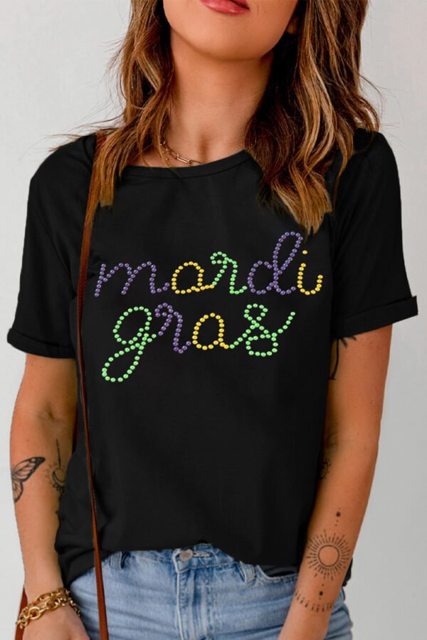 Black Rhinestone Mardi Gras Letter Graphic T Shirt