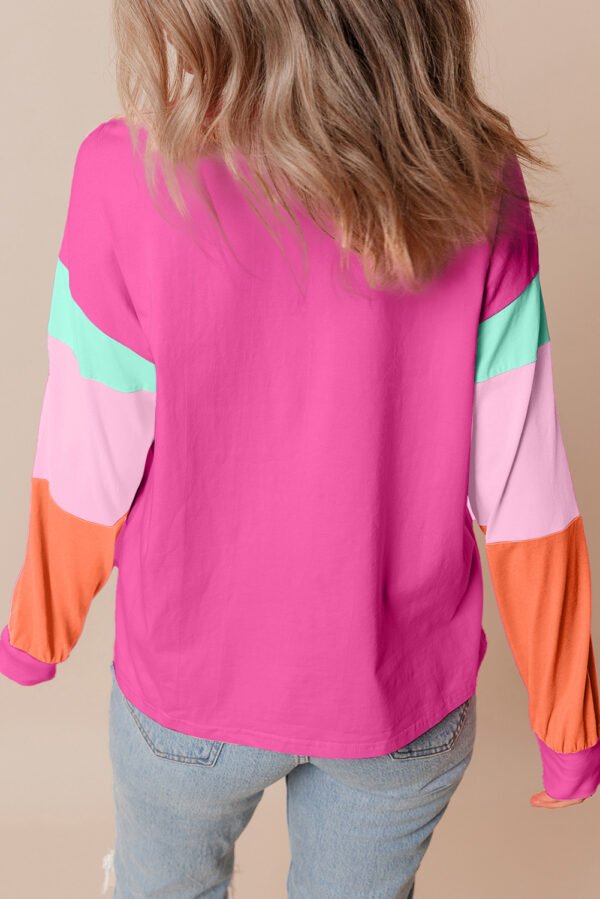 Rose Red Chenille Love Patched Colorblock Long Sleeve Crewneck Top