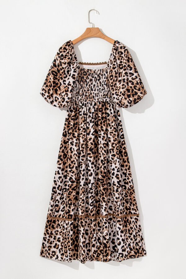 Brown Leopard Print Bubble Sleeve Square Neck Maxi Dress