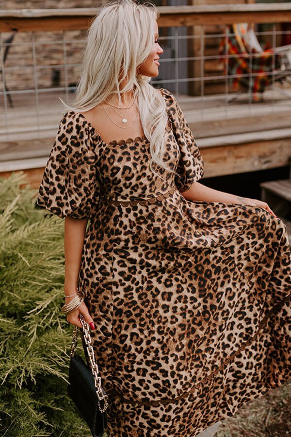 Brown Leopard Print Bubble Sleeve Square Neck Maxi Dress