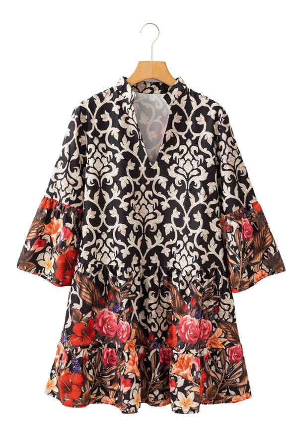 Black Retro Floral Mixed Print Split Neck A-line Dress