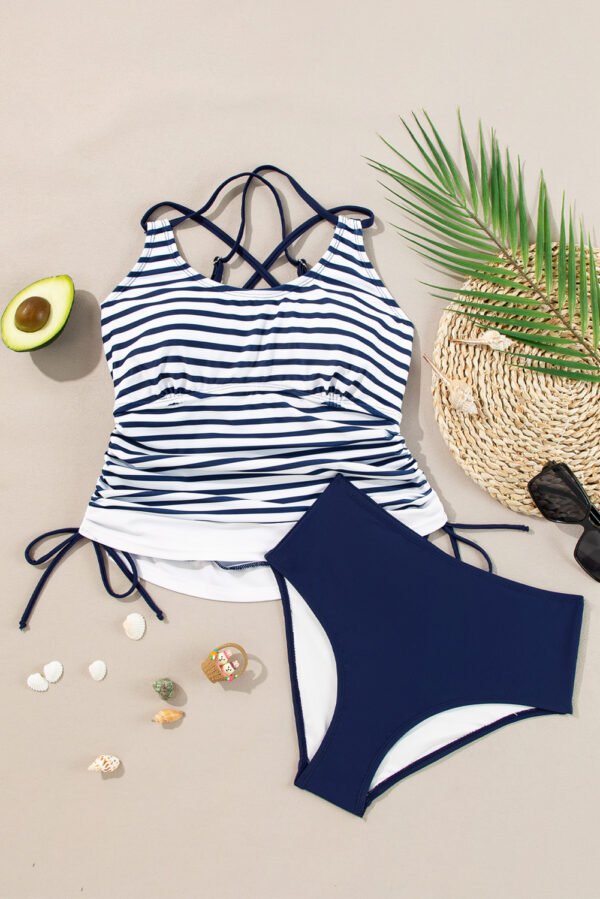 Blue Stripe Drawstring Tummy Control Mix-and-match 2pcs Tankini Swimsuit