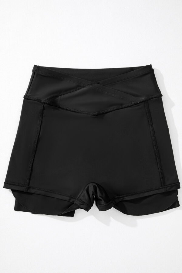 Black Solid Pocketed Crossover High Waist Swim Skort