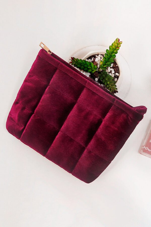 Burgundy Quilted Velour Zipper Cosmetic Organize Pouch