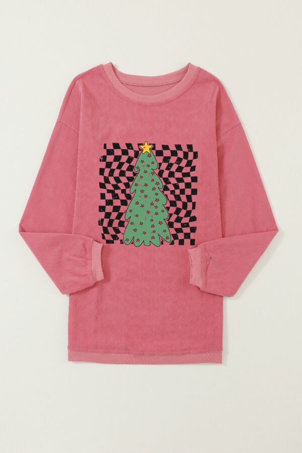 Strawberry Pink Vintage Christmas Tree Checkered Print Corded Sweatshirt