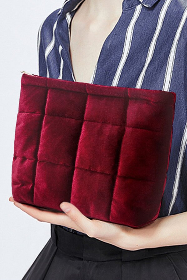 Burgundy Quilted Velour Zipper Cosmetic Organize Pouch