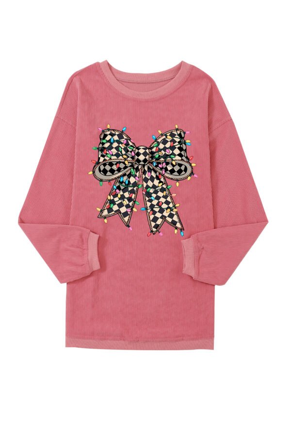 Strawberry Pink Checkered Bow Print Ribbed Crew Neck Pullover Sweatshirt