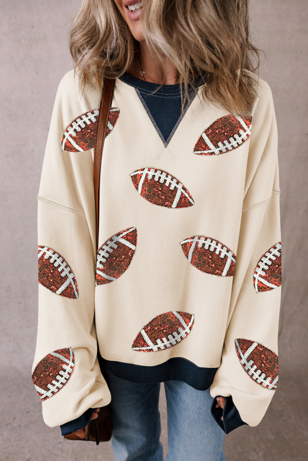 White Sequin Football Graphic Crew Colorblock Sweatshirt