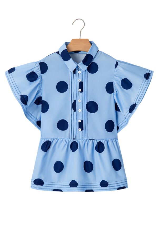 Sky Blue Polka Dot Print Ruffled Short Sleeve Buttoned Collared Blouse