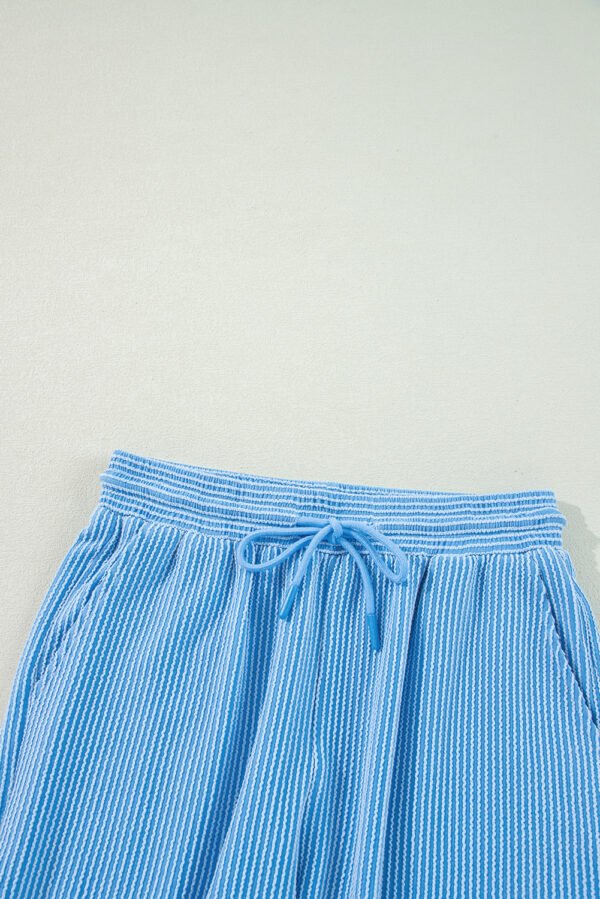 Blue Solid Corded Knit Short Sleeve T Shirt and Wide Leg Pants Set