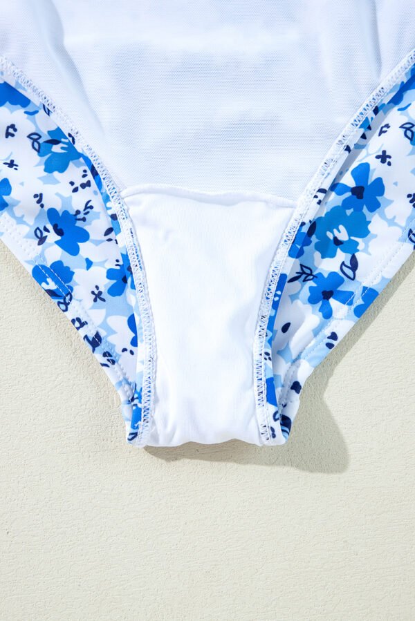 Blue Floral Ruffled Strap Lace-up Hollow Out One Piece Swimsuit