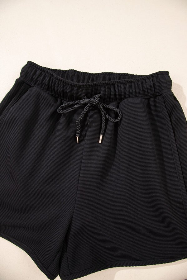 Black Textured Half Zip Kangaroo Pocket Top Drawstring Shorts Set