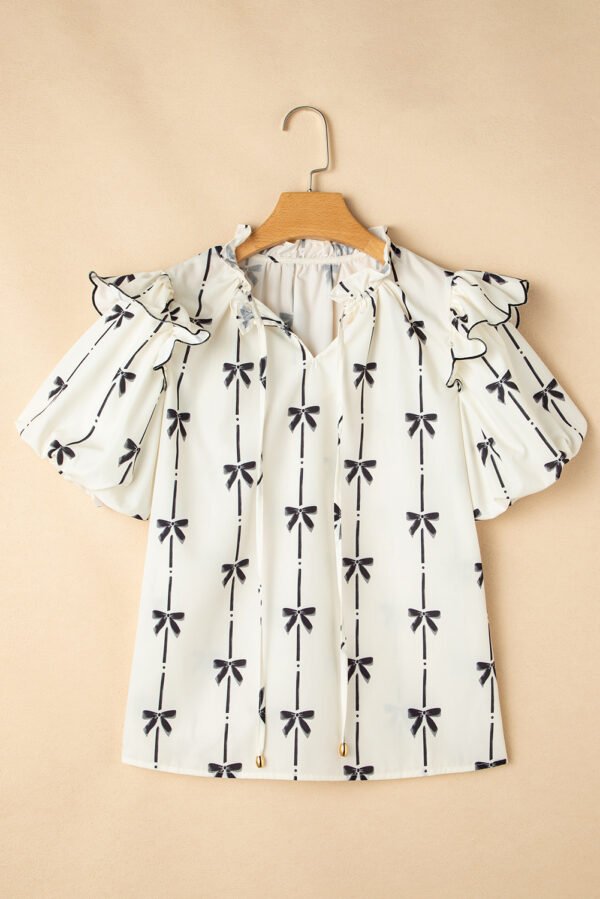 Beige Bow Printed Ruffled Bubble Sleeve Tied Notched V Neck Blouse