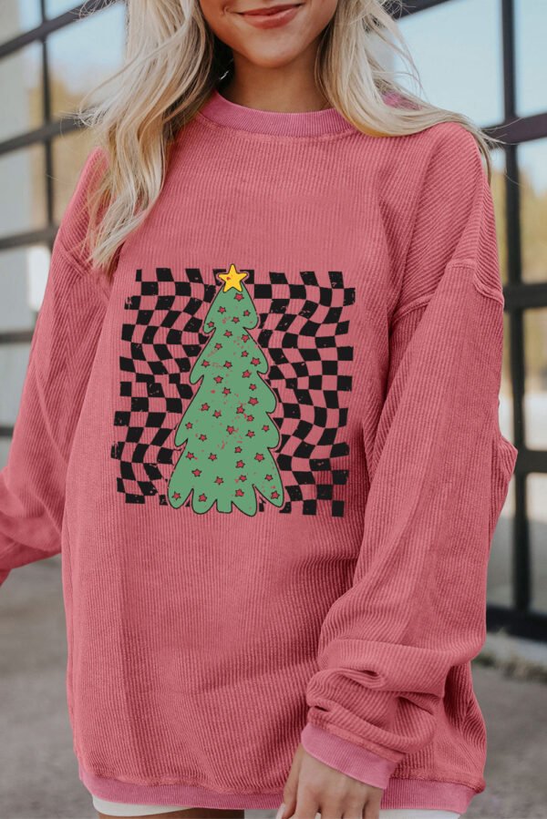 Strawberry Pink Vintage Christmas Tree Checkered Print Corded Sweatshirt