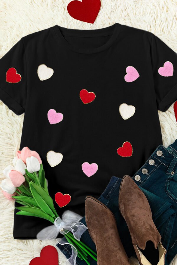 Black Valentines Chenille Heart Patched Pattern Crewneck Tee