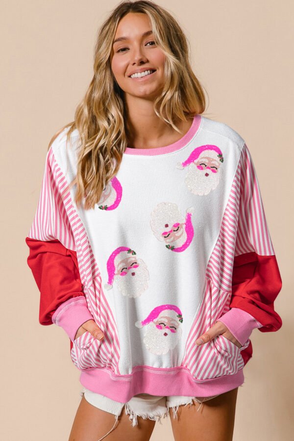 Rose Red Santa Clause Striped Block Patchwork Round Neck Sweatshirt