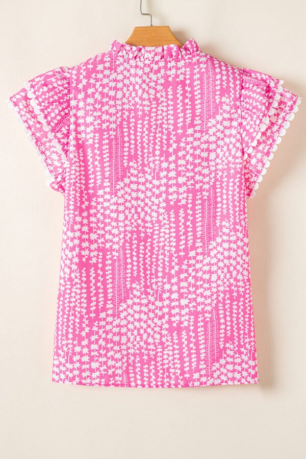 Pink Abstract Print Ric Rac Trim Flutter Sleeve Notch V Neck Blouse