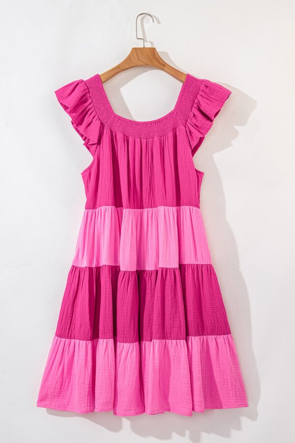 Pink Crinkled Colorblock Patchwork Flutter Tiered Mini Dress